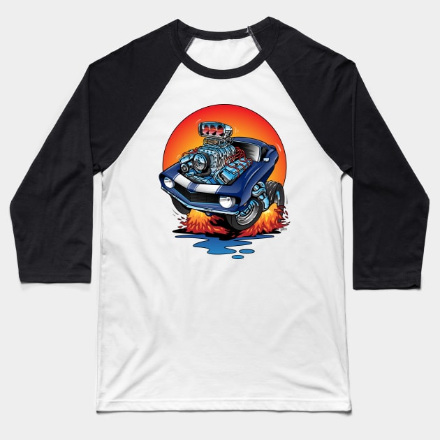 Funny Classic Sixties American Muscle Car Hot Rod Cartoon Baseball T-Shirt by hobrath